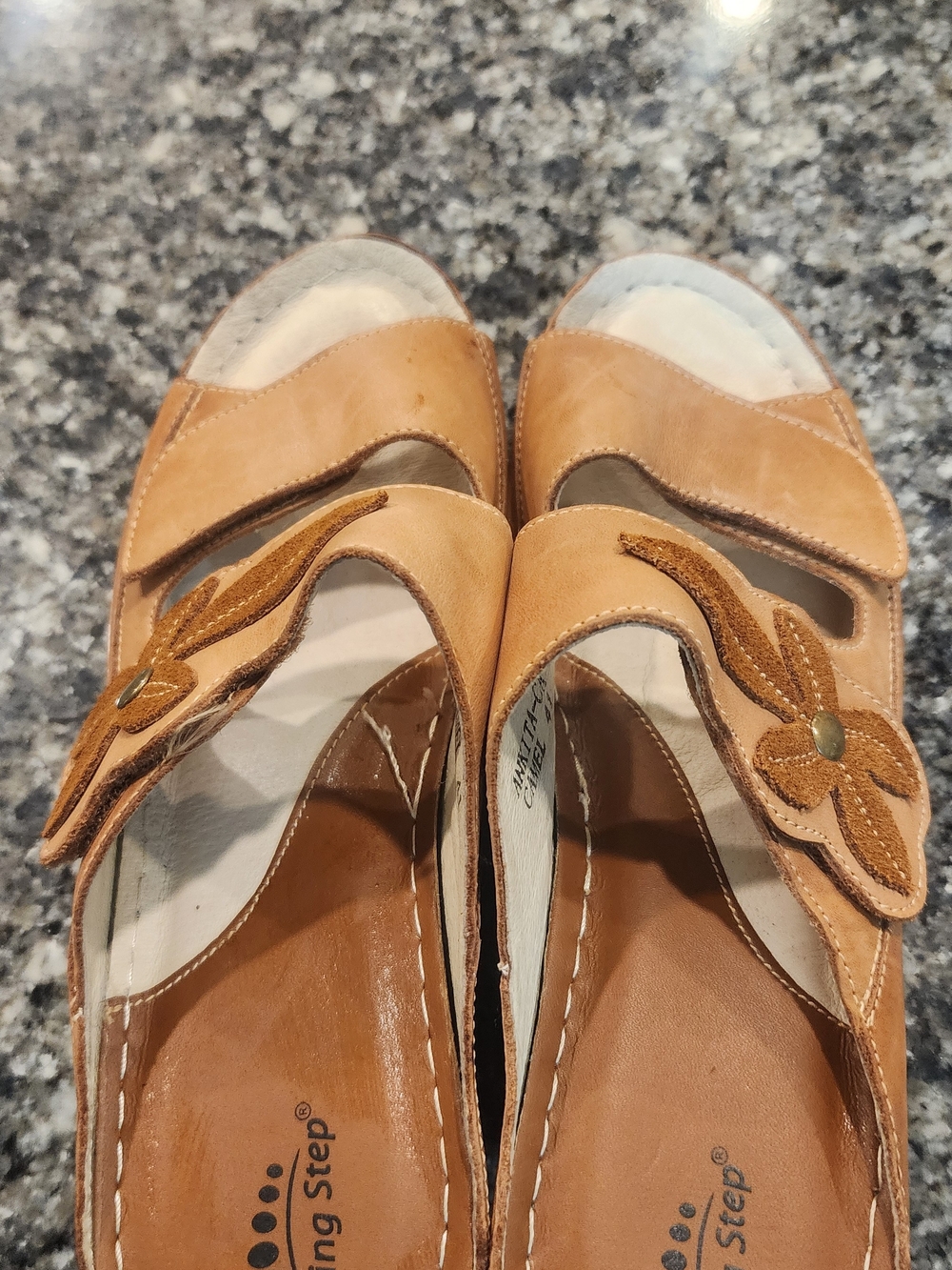 Spring Step Leather Tan Floral-Accent Slide Sandals